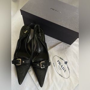 Prada Black Pointed Toe Slingback Heels with Buckle Accent